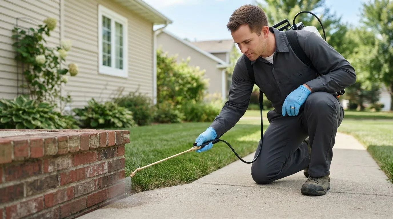 Pest control technician treating a home near Stoutsville, MO