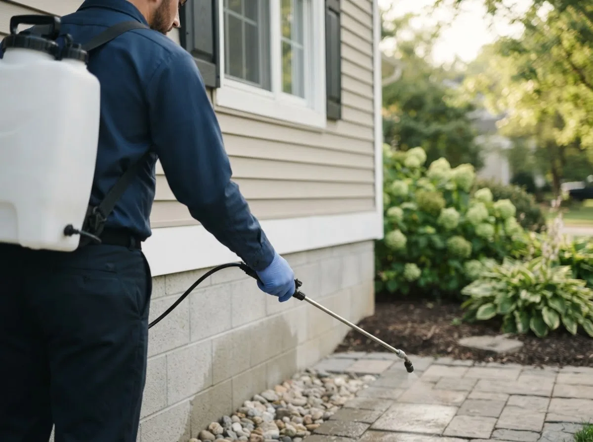 Pest control technician inspecting a home in Stoutsville, MO